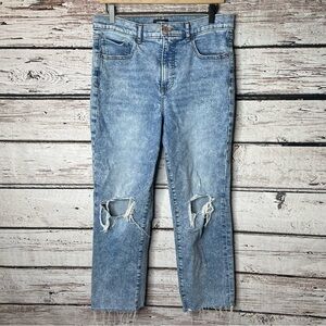 Express Straight Ankle High Rise‎ Stone Wash Jeans Size 10R Ripped Knee Raw Hem